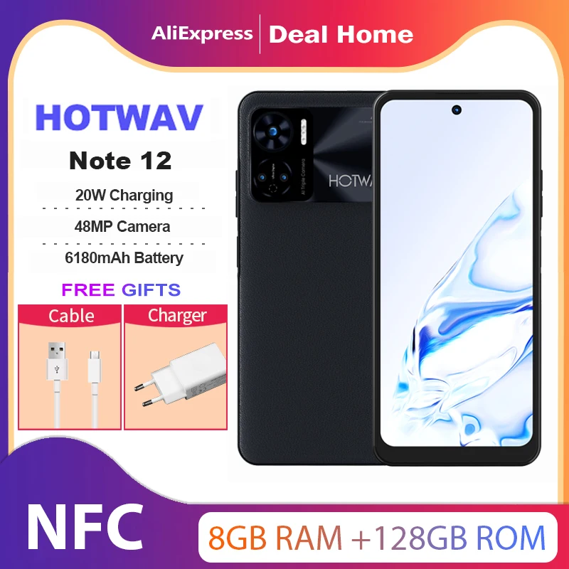 هاتف ذكي HOTWAV Note 12 8GB + 128GB بشاشة 6.8 بوصة HD + Android 13 NFC ثماني النواة هاتف محمول 48MP 6180mAh PD3.0 20 وات شحن الهاتف المحمول