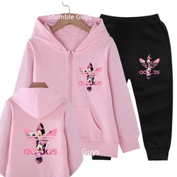 Disney Minnie Mouse Mouse Girls Sweatshirt New Spring and Autumn Zipper Hoodie Set Animation Children's Clothing