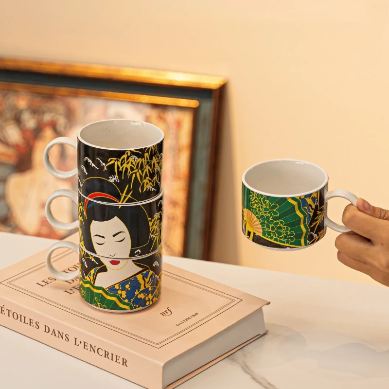 Japanese geisha printed stacking cup,ceramic coffee cups set,home and office tea water cup, afternoon tea coffee cup home decor