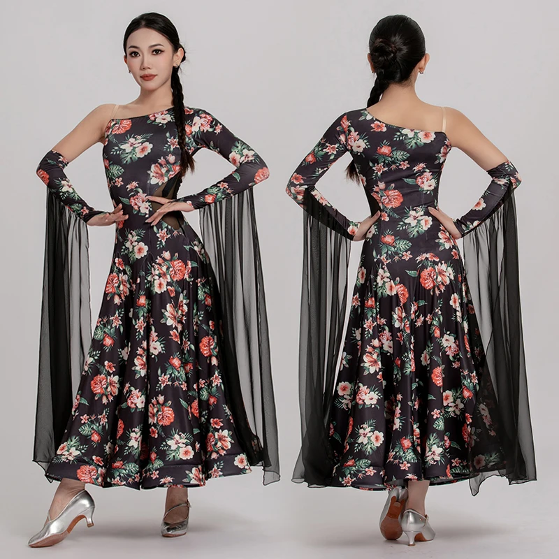 Women's Ballroom Dress Standard Dance Performance Outfit Single Sleeve Long Dresses Flower Printed Waltz Practice Dancewear 2729