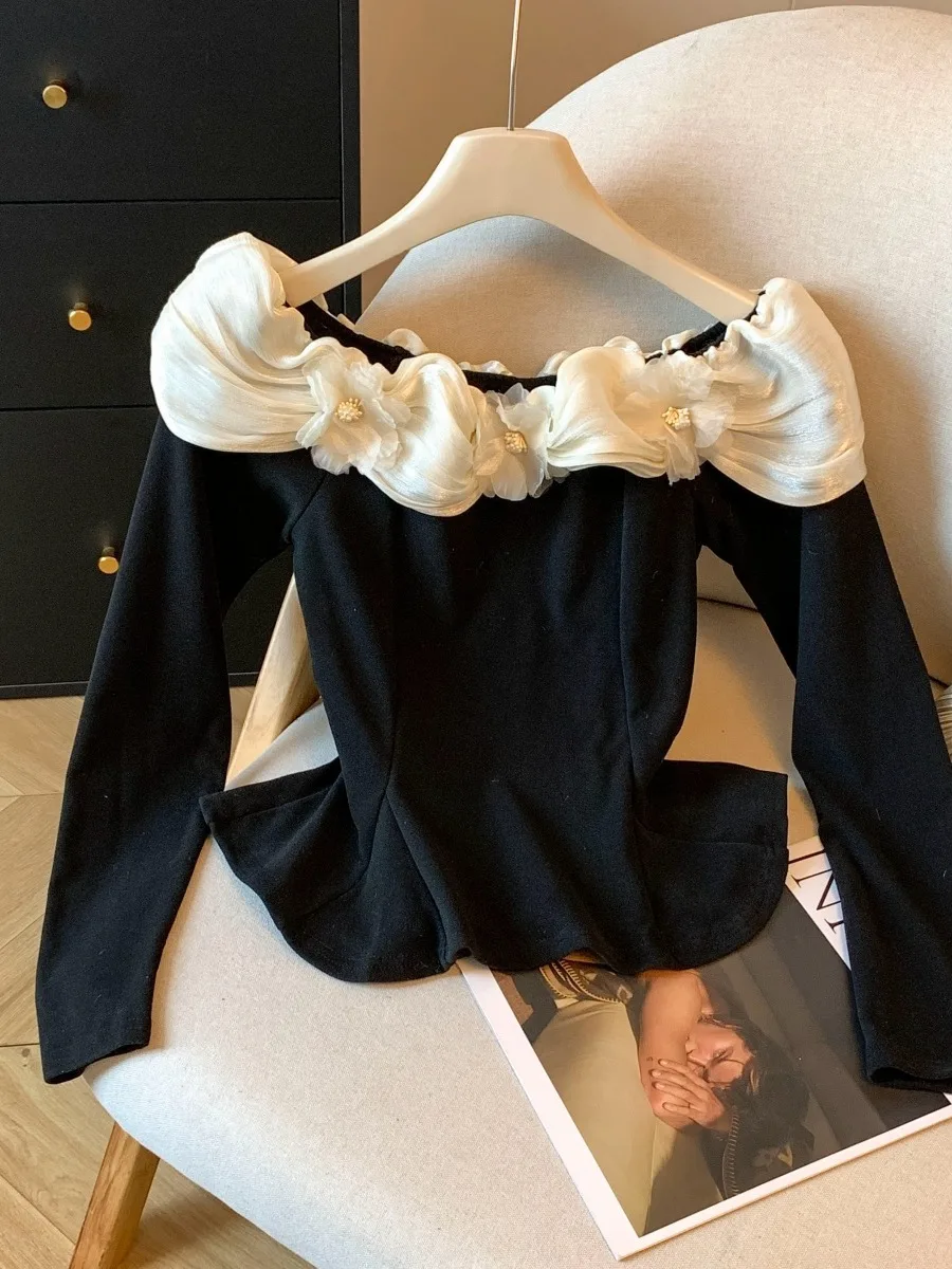 

Элегантный женский топ на одно плечо с цветочным принтом в корейском стиле, облегающий, для повседневной носки, зимний