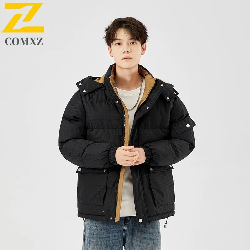 COMXZ 2025 Winter New Premium Cotton Coat Men Hooded Trendy Camping Lightweight Parkas High Quality Street Style Outerwear