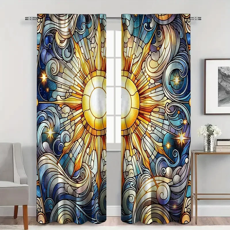 2pcs Stained Glass Sun Curtains with Rod Pocket, Multicolor Rays Sheer Light Filtering, Artistic Window Mural for Living Room