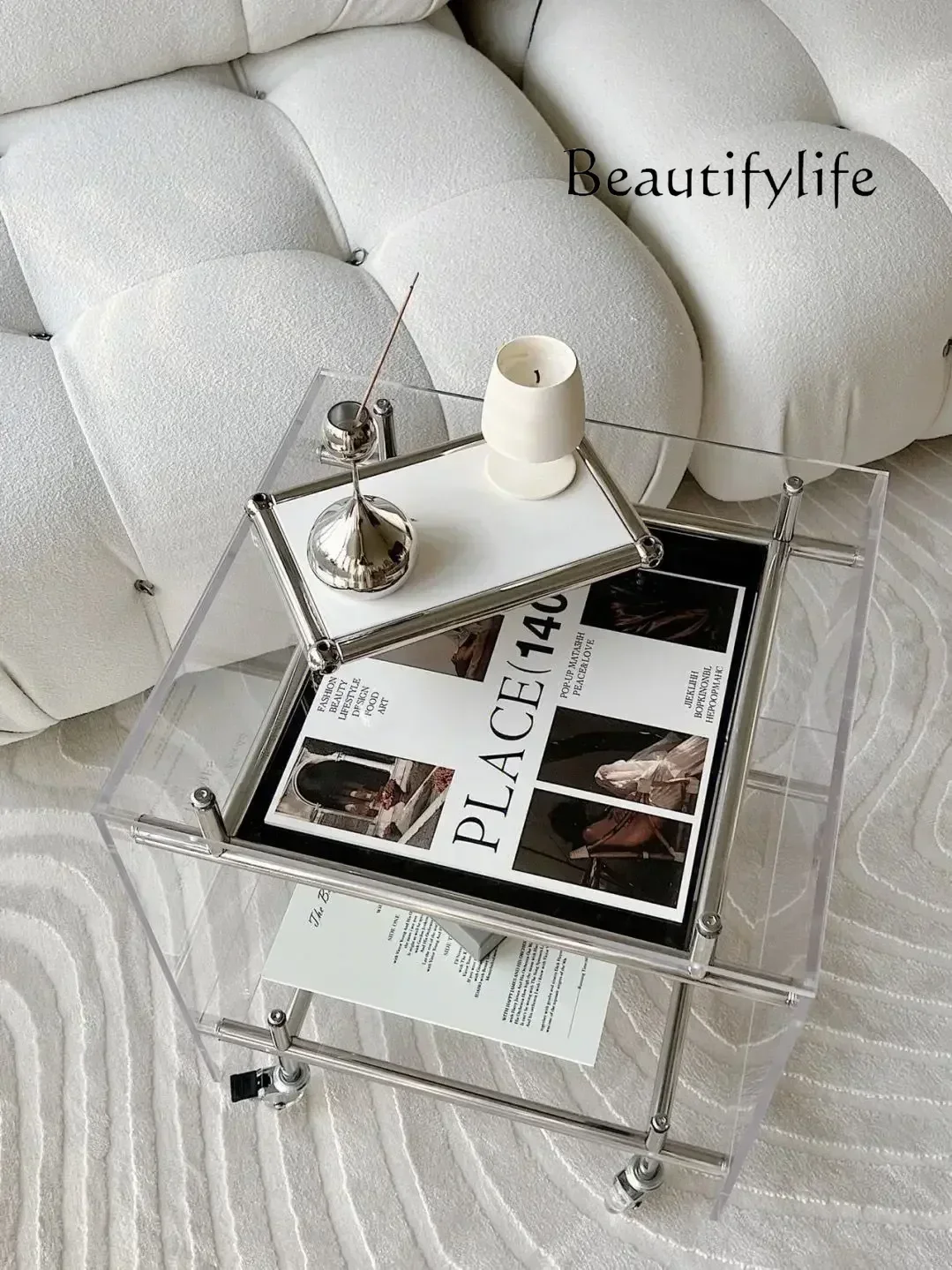 

Transparent Acrylic Trolley Ins Style Coffee Table Living Room Storage Mobile Bedside Table Storage Rack Coffe Table Tea