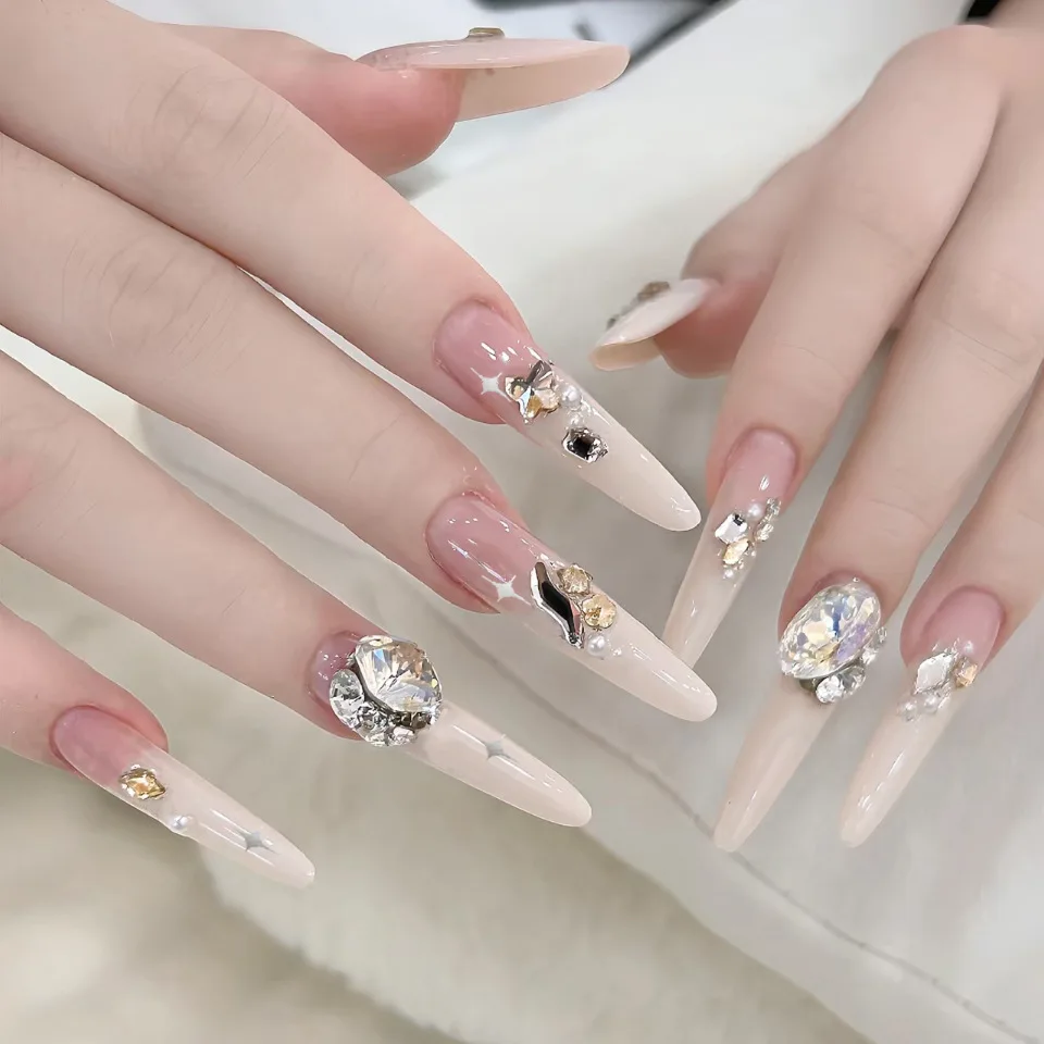 Ensemble de faux ongles Stiletto longs, 24 pièces, poudre brillante, strass avec Design, couverture complète détachable, pointes pour faux ongles