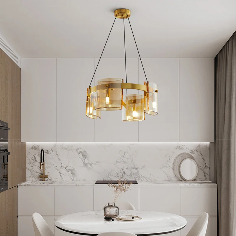 

French Minimalist Amber Glass Crystal Circular ring chandelier Brass Lustres Hanging LED Light Ceiling Dimmable Dining Room