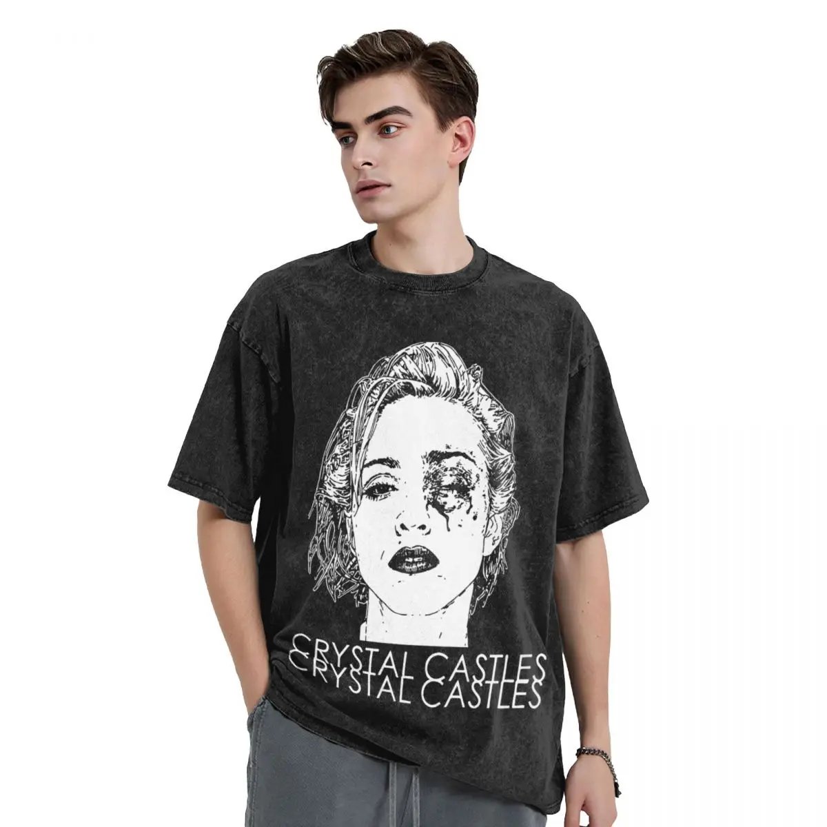 Crystal Castles Washed T Shirt Streetwear Hip Hop Vintage T-Shirt Tees Tops for Men Women 100% Cotton Street Summer