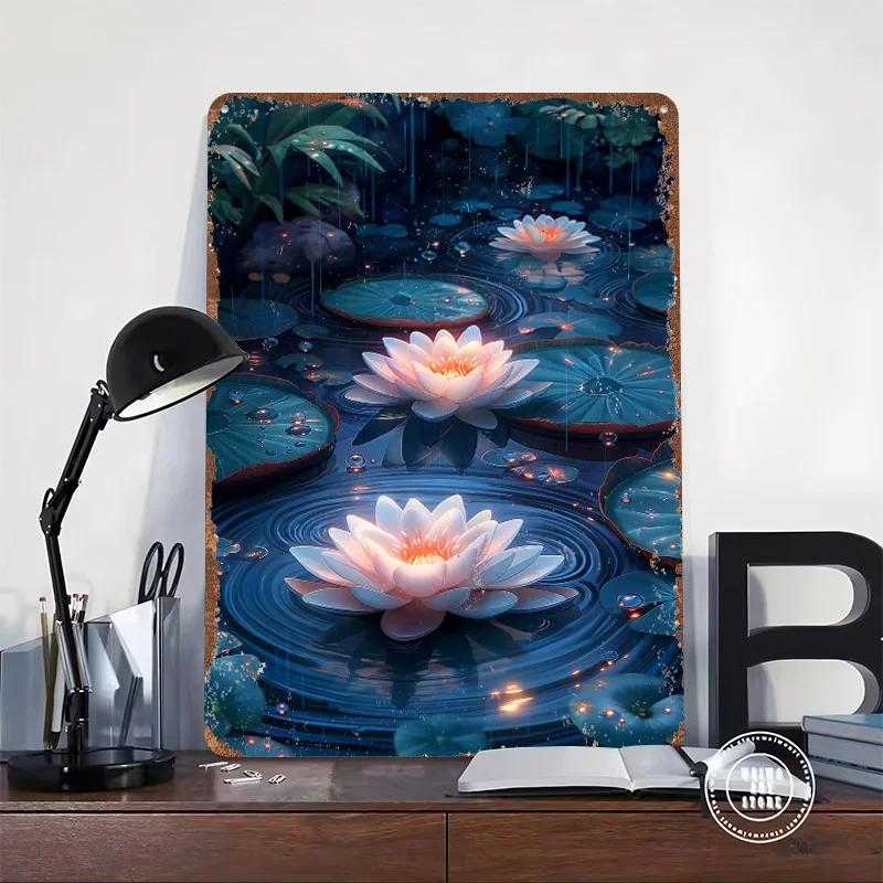LoFi Water Lily Pond Tinplate Poster Customized Wall Art Vintage Metal Signs Retro Tin Plaque for Bedroom Decorations Desk Decor