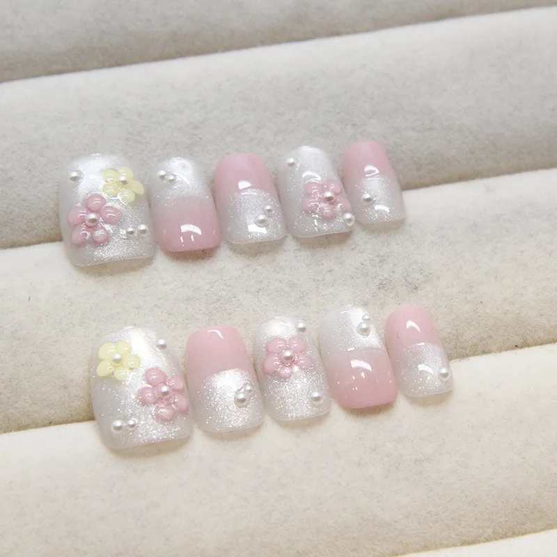 10Pcs Women Handmade Press On Nails Full Cover Flowers Design French Short Ballerina False Nails Wearable Manicure Nail Tips