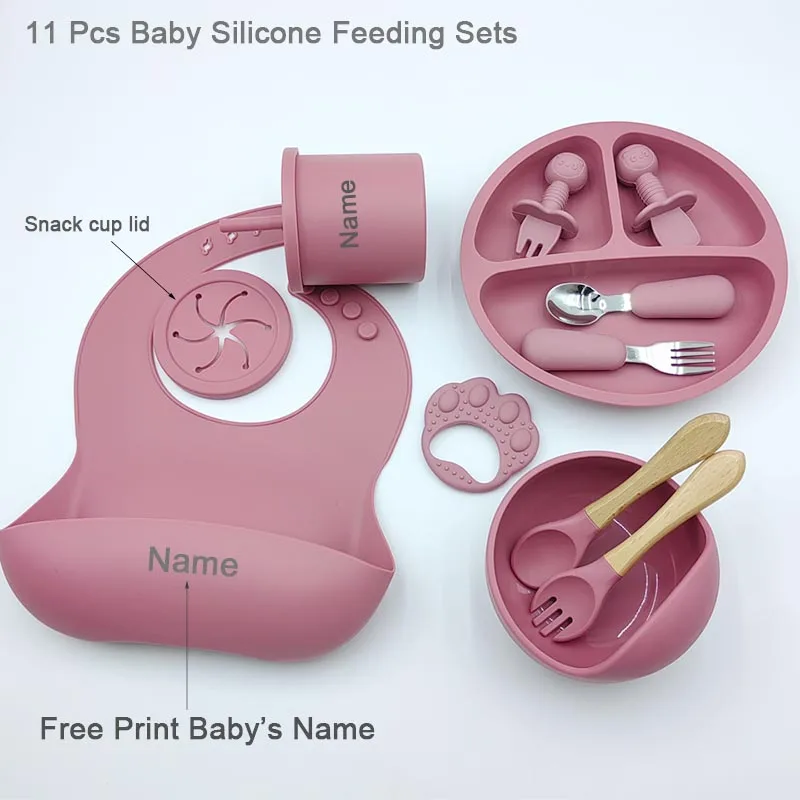 11Pcs Silicone Feeding Sets For Baby Personalized Name Children\'s Tableware Suction Cup Plates Bowl Spoon Feeding Cups BPA Free