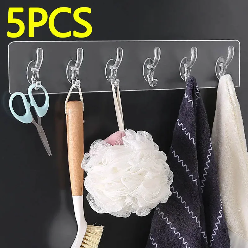 Transparent Plastic Glue Hooks Kitchen Bathroom Six Rows Hooks Nail-free Wall Hook A Row of Traceless Hooks Wall Hanger Sticke