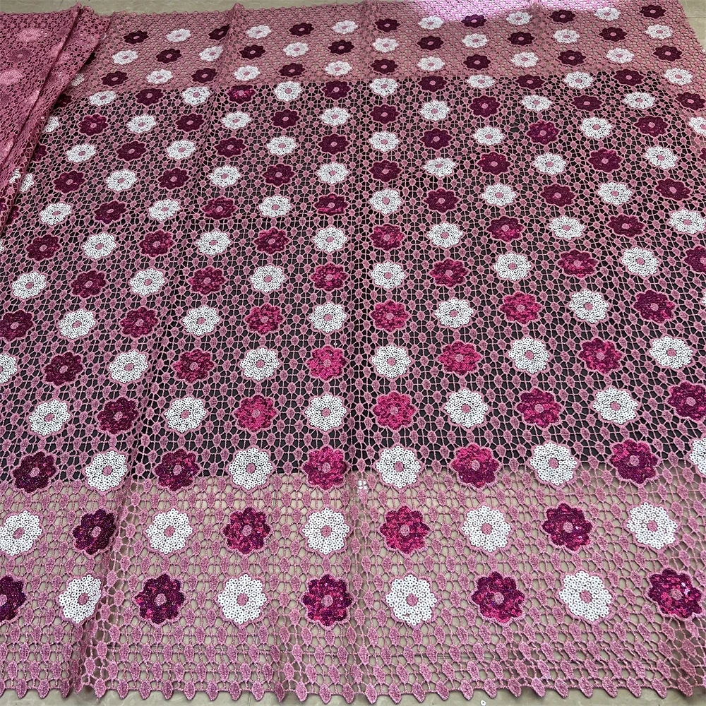 Nuovo stile tessuto di pizzo di velluto rosa 2024 di alta qualità africano svizzero Voile ricamo 3D paillettes pizzo netto 5 yarde per abiti da festa