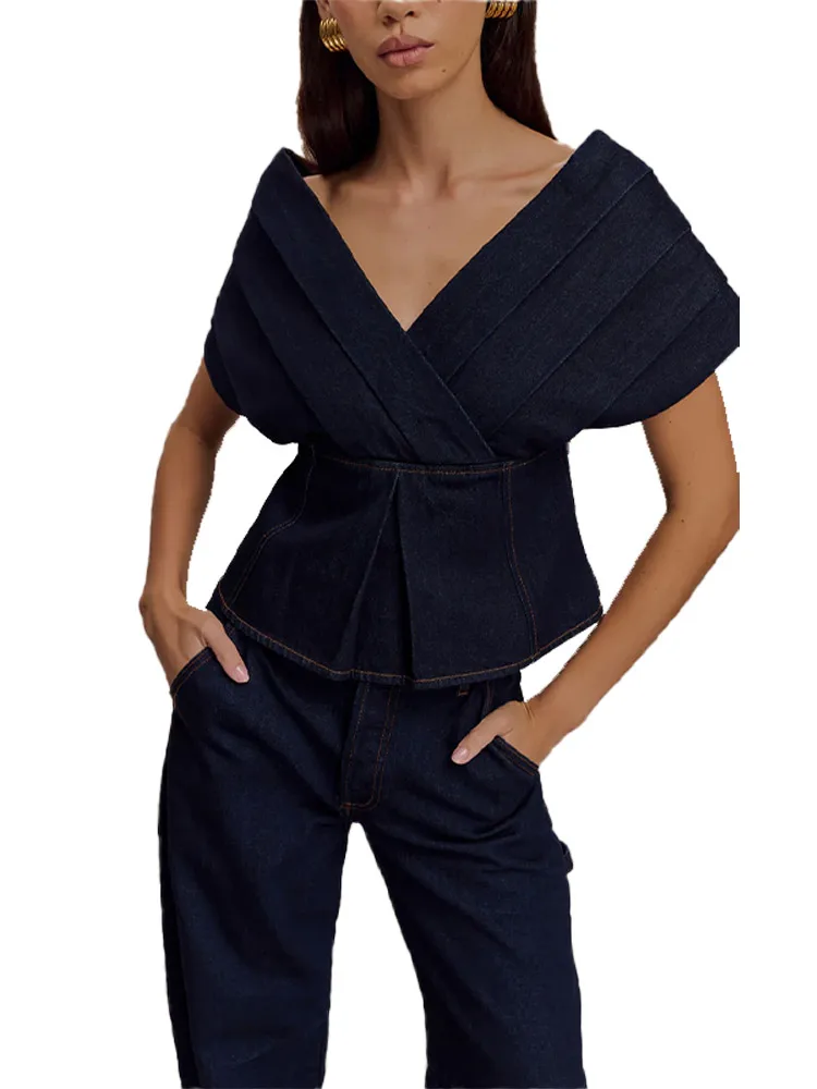 

Backless Denim Pant Set Women's Fashion V-Neck Lace Up Top High Waist Wide Leg Jeans 2025 Summer Autumn Popular Lady Streetwears