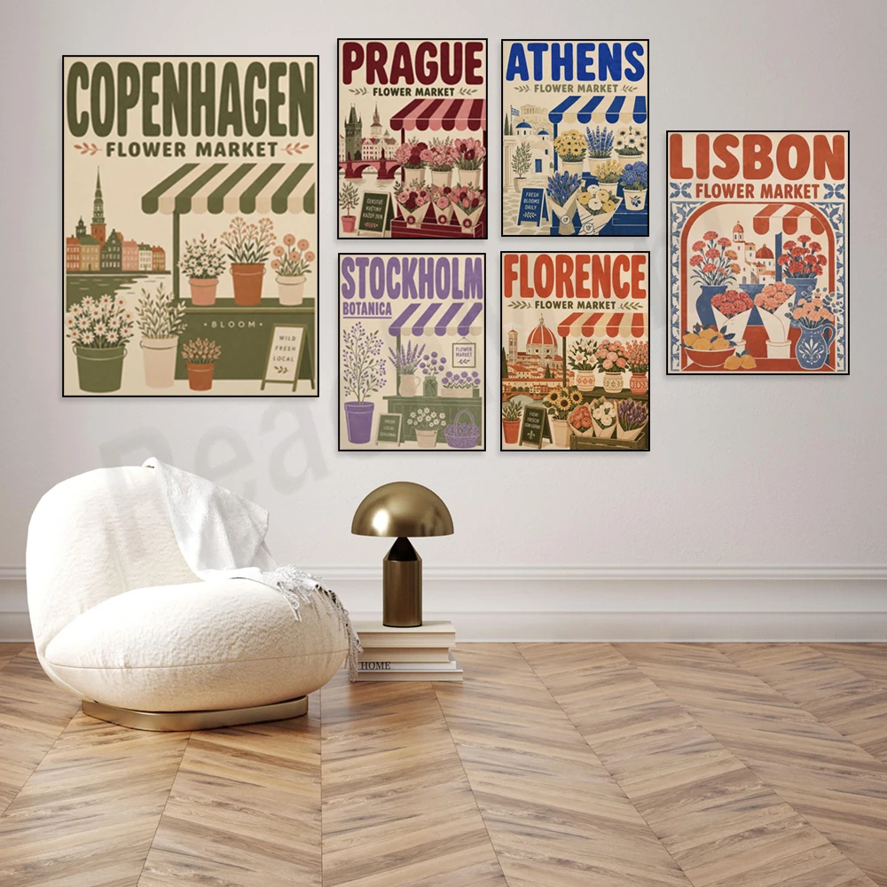 Florence, Edinburgh, Nice (France), Berlin, Athens, Lisbon, Vienna, Barcelona, ​​Kyoto, Paris, Milan travel flower market poster