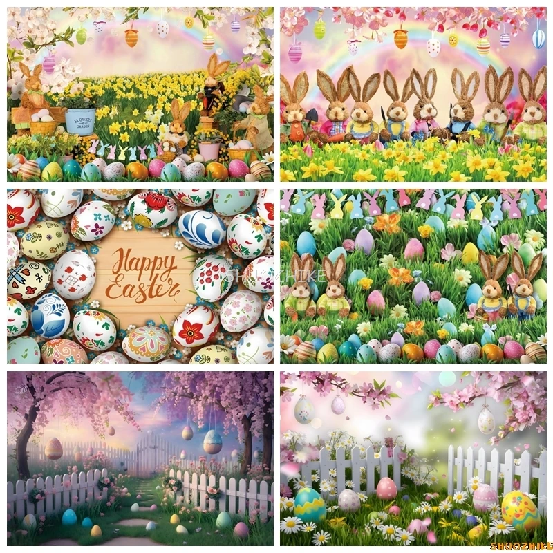 Easter Spring Backdrop for Photography Bunny Colorful Eggs Floral Fence Grass Background Garden Banner Party Decor Photo Props