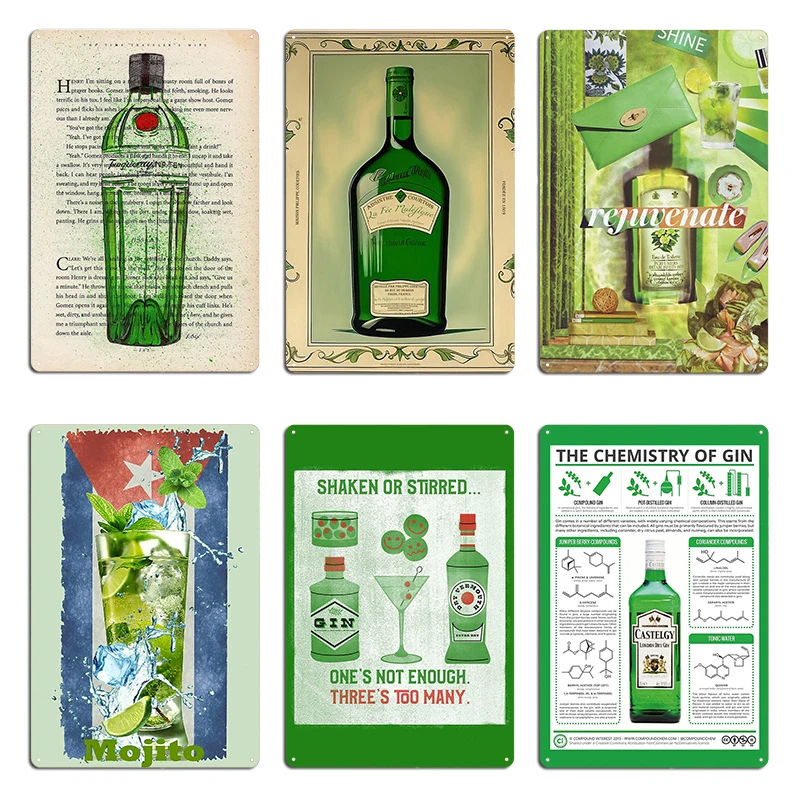 Tanqueray Green Gin Martini The Chemistry of Gin Bottle Painting Metal Club Party Designer Wall Mural Tin Sign Poster