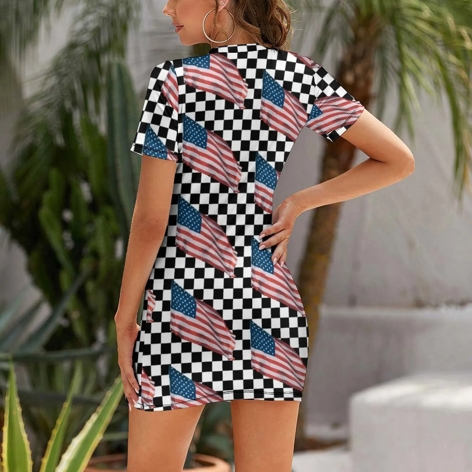 American Flag on a Checkerboard Short Sleeved Dress women clothes women's summer jumpsuit cocktail dresses