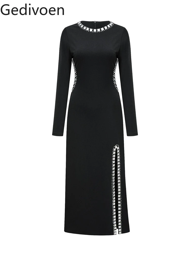 

Gedivoen Fashion Designer Spring Women's Dresses O-Neck Collar Embroidered Flares Solid Black Office Lady Pencil Dress