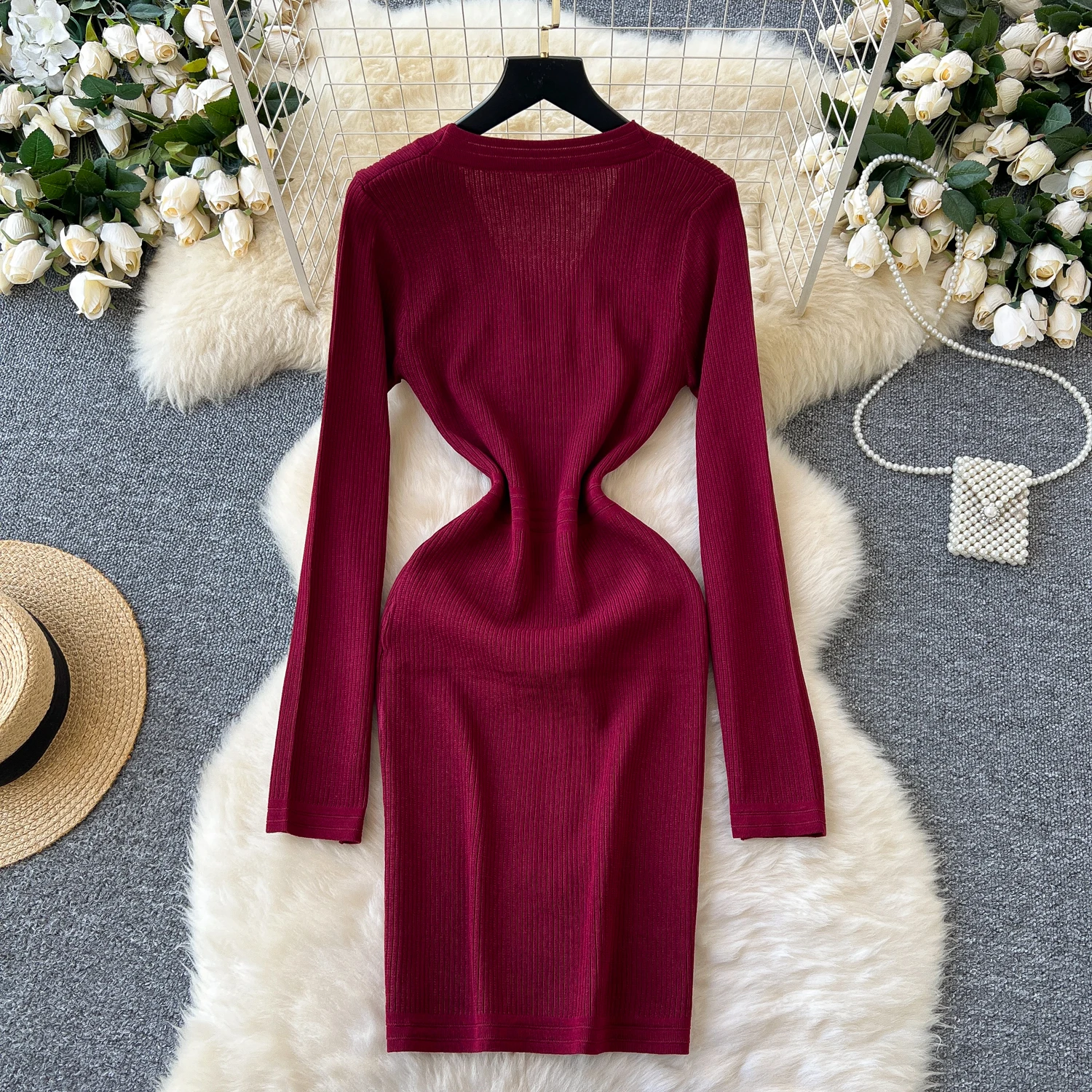 Vintage Long Sleeve Elegant V-neck Chic Zipper Metal Buckle Slim Knitted Dress Korean Evening High Street Autumn Winter Clothing