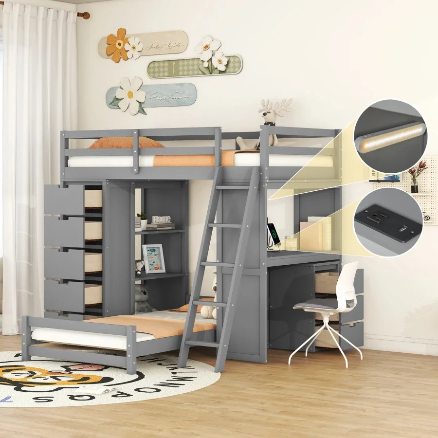 Twin over Twin Bunk Bed with LED Light and USB Ports, Maximum Storage Space, Built With Safety in Mind, Gray