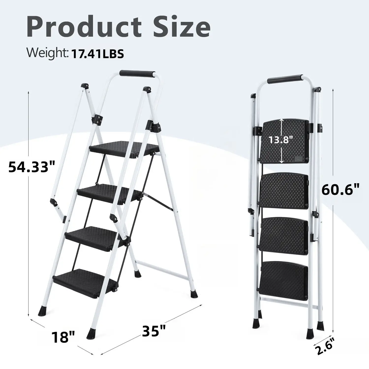 White four-step ladder, light folding four-step stool, wide anti-skid pedal and safety handle, strong steel ladder, multi-purpos