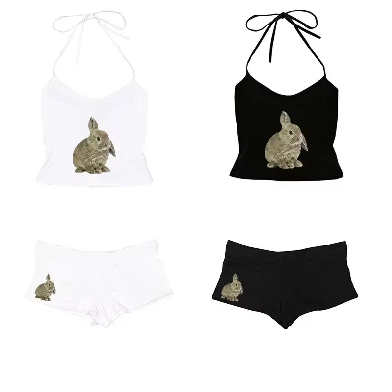 Women's Sleeveless Fitted Crop Top with Rabbit Print Fixed Strap Cute Summer Casual High Waist Shorts Ribbed Knit Slim Fit