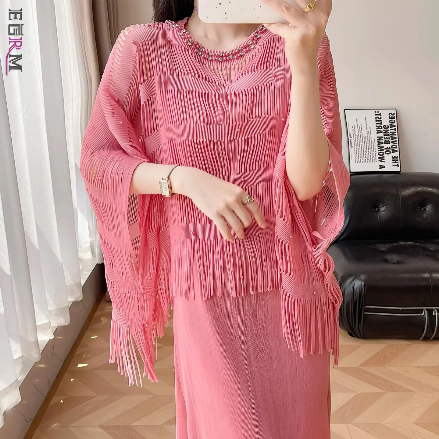 EGRM Miyake Beaded Shawl Fringed Pleated Dress Casual Style Two-Piece Set Lightweight Breathable Polyester Summer Fashion 8R2026