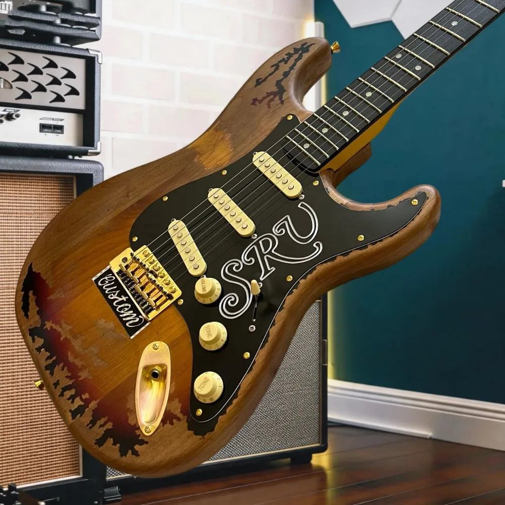Heavy Worn Make Old STQ Style Guitar Natural Wood Base Sunburst Peeling Paint Full Gold Hardware Professional Blues