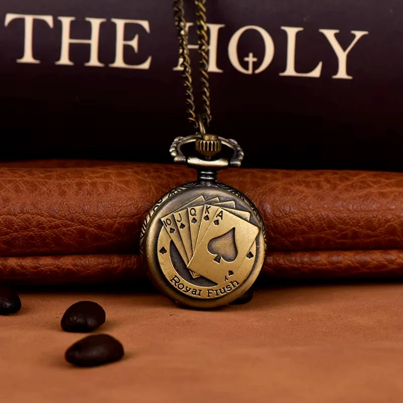 Vintage pocket watch Bronzed iron tie poker quartz watch Shunzi pattern pocket watch flip cover long necklace watch