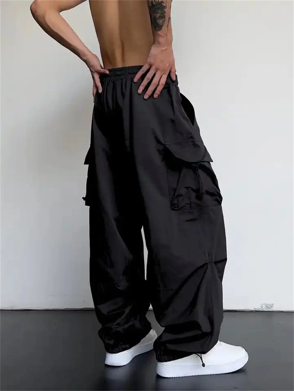 Vintage-Mode-Cargohose für Damen, einfarbig, mit elastischem Bund, Taschen, Jogginghose, weites Bein, Baggy-Schnitt, Y2K-Hose, Streetwear, amerikanische Kleidung. – Detail 1