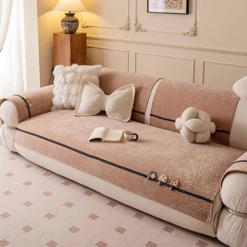 Chenille Geometry Striped Sofa Cover Solid Color Universal for All Seasons Couch Cover Living Room Decoration Non-slip Sofa Mat