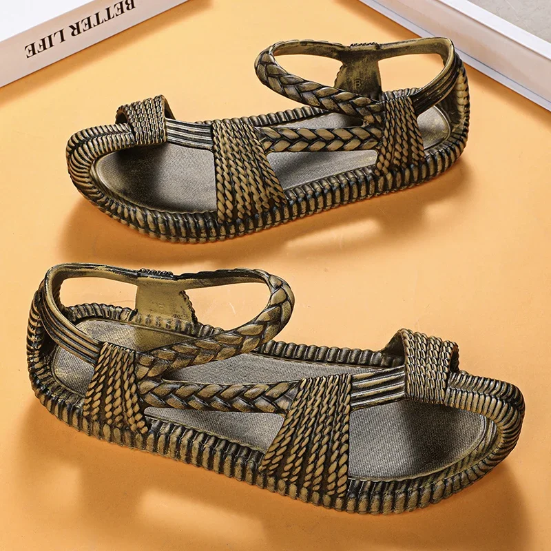 2024 New Men's Straw Sandals Mens Casual Shoes Personality Wear-resistant Sandal for Men Outdoor Beach Flip-flop Size Plus 36-47