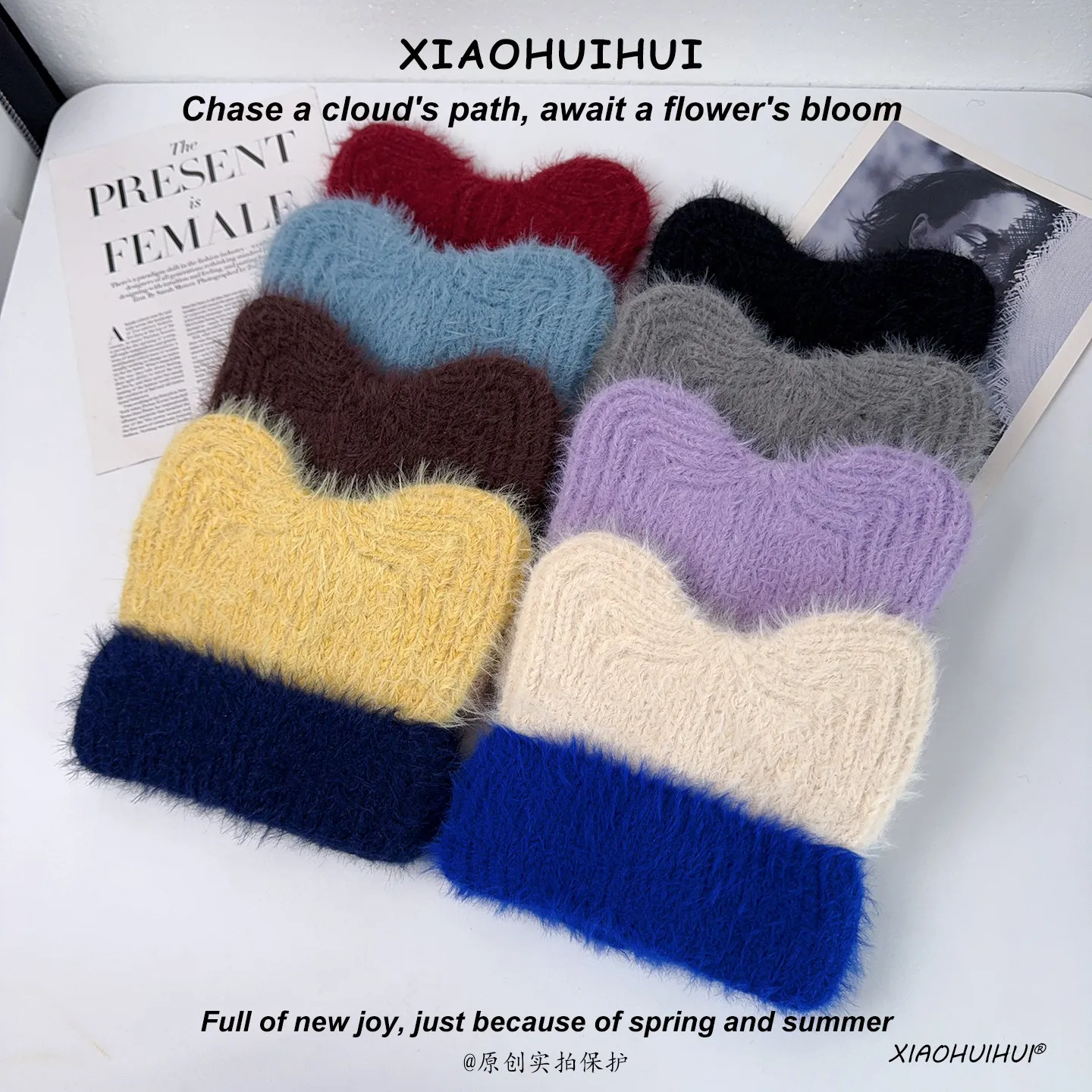 Y2K-Strickmützen mit Farbblock-Design und flauschigen Bärenohren für Damen, weiche Plüschmützen mit geripptem Rand, warme, niedliche Wintermützen, modische Kopfbedeckung für Erwachsene. – Detail 5