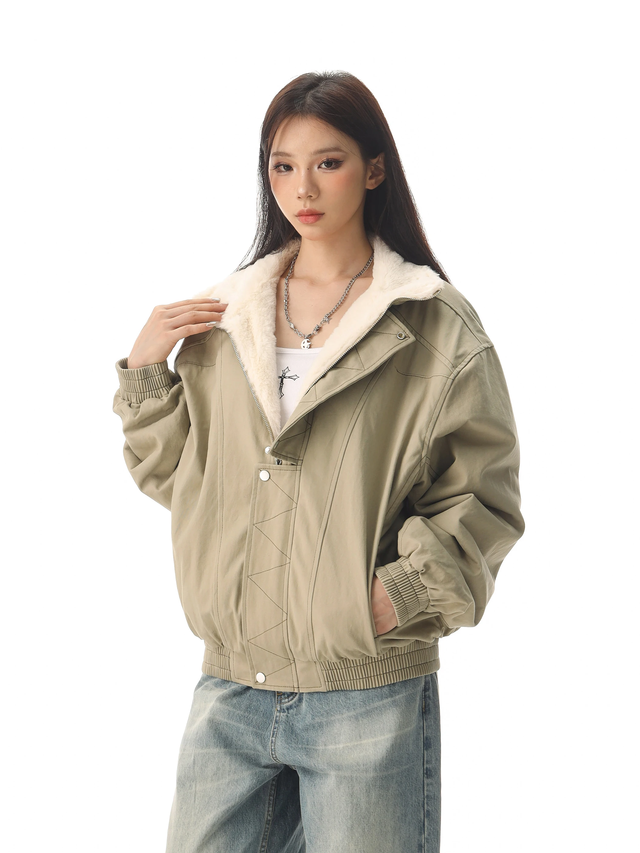 

American Retro Stitched Outline Jaet Thiened Loose Workwear Cotton Coat Men's Cleanfit Sle Faionable Cotton Clothes