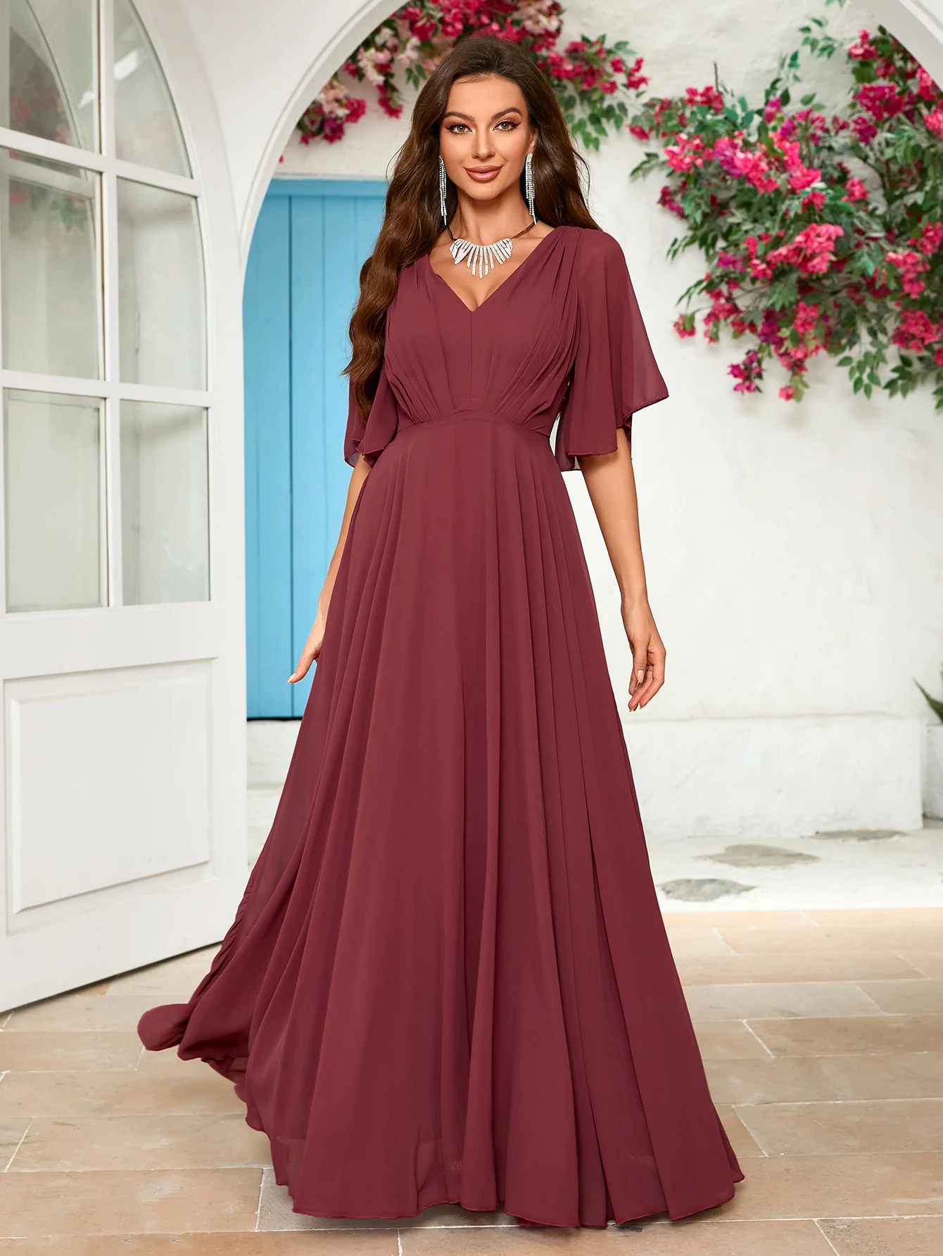 Unithorse Floral Sleeve Ruched Bust Chiffon Bridesmaid Formal Dress