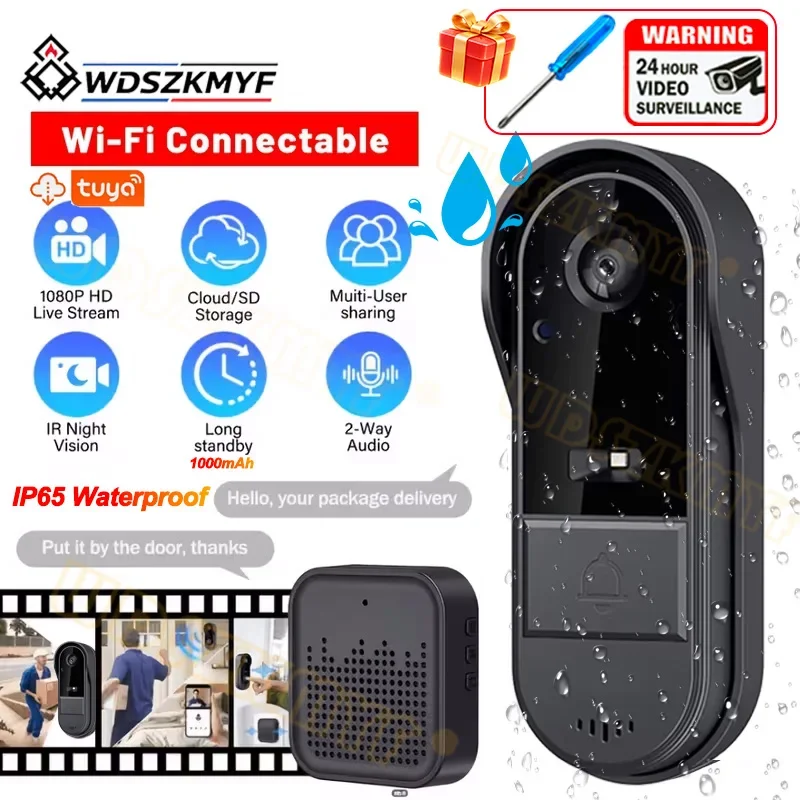 2.4G Wireless Video Doorbell Outdoor Phone Door Bell Camera WiFi Tuya 1080P HD Night Vision Two Way Audi Cloud Storage For Home