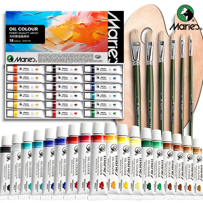25pcs Marie's Oil Paint Set for Artists, 18 Vibrant Colors(12ml/0.4oz Tubes), 6pcs Paint Brushes and 1pc Wooden Palette