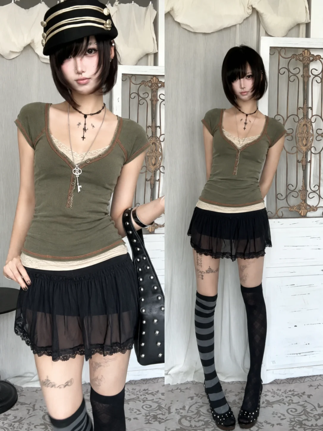 Slim Bodycon Tees Outwear American Vintage Green T-shirts Women Short Sleeve Y2k Crop Tops French Elegant Subculture T Shirts