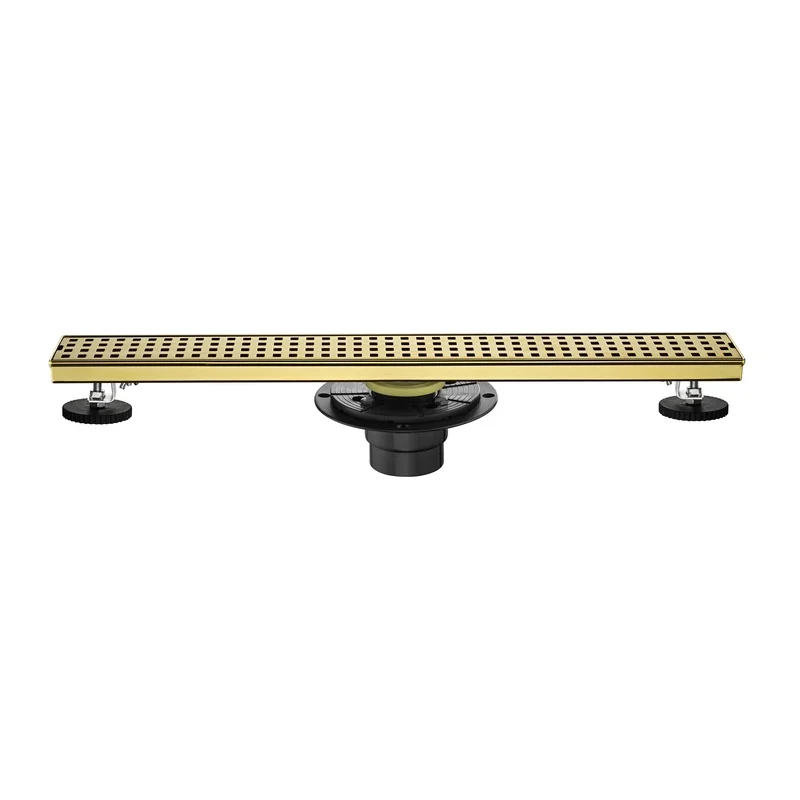 

24" Linear Shower Drain with Removable Quadrato Grate, 304 Stainless Steel, Hair Strainer, Leveling Feet, Flange