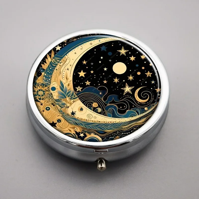 1 Cartoon Star and Moon Pill Box, 3-Compartment Pill Box, Portable Pill Box, Suitable for Use as a Wallet Pill Box, Decorative Metal Medicine and Vitamin Organizer, Unique Gift