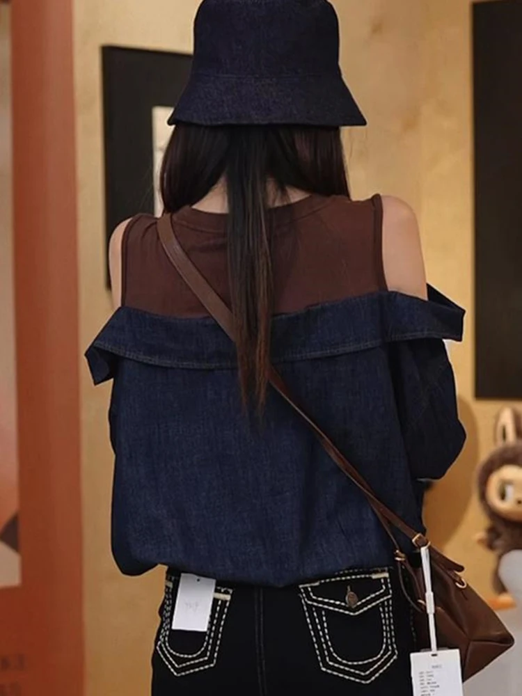 Casual oulder Bared Patchwork Design Sweatirt Women's Faionable Loose Fit Autumn New Sle Age Reducing Versatile Top