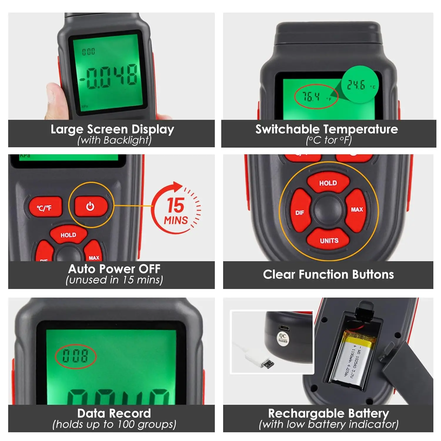 Digital Dual-Port Gas & Air Pressure Tester with Data Recording 12 Units Differential HVAC Gauge Large Backlit LCD Display China