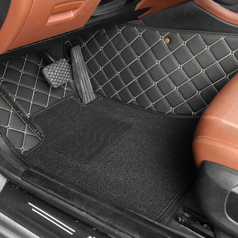 Full Surround Double Layer Car Floor Mats Diamond Quilted PU Leather Base Color Chenille Stripe