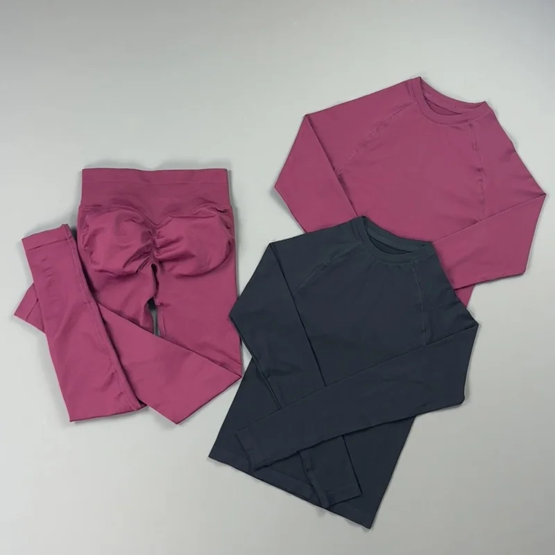 2-teiliges Gym-Set für Damen: Rundhals-Shirt mit Daumenlöchern, Langarm, Slim Crop Shirt, Scrunch Butt Leggings, Dehnbarer Weicher Yoga-Pilates-Anzug – Detail 6