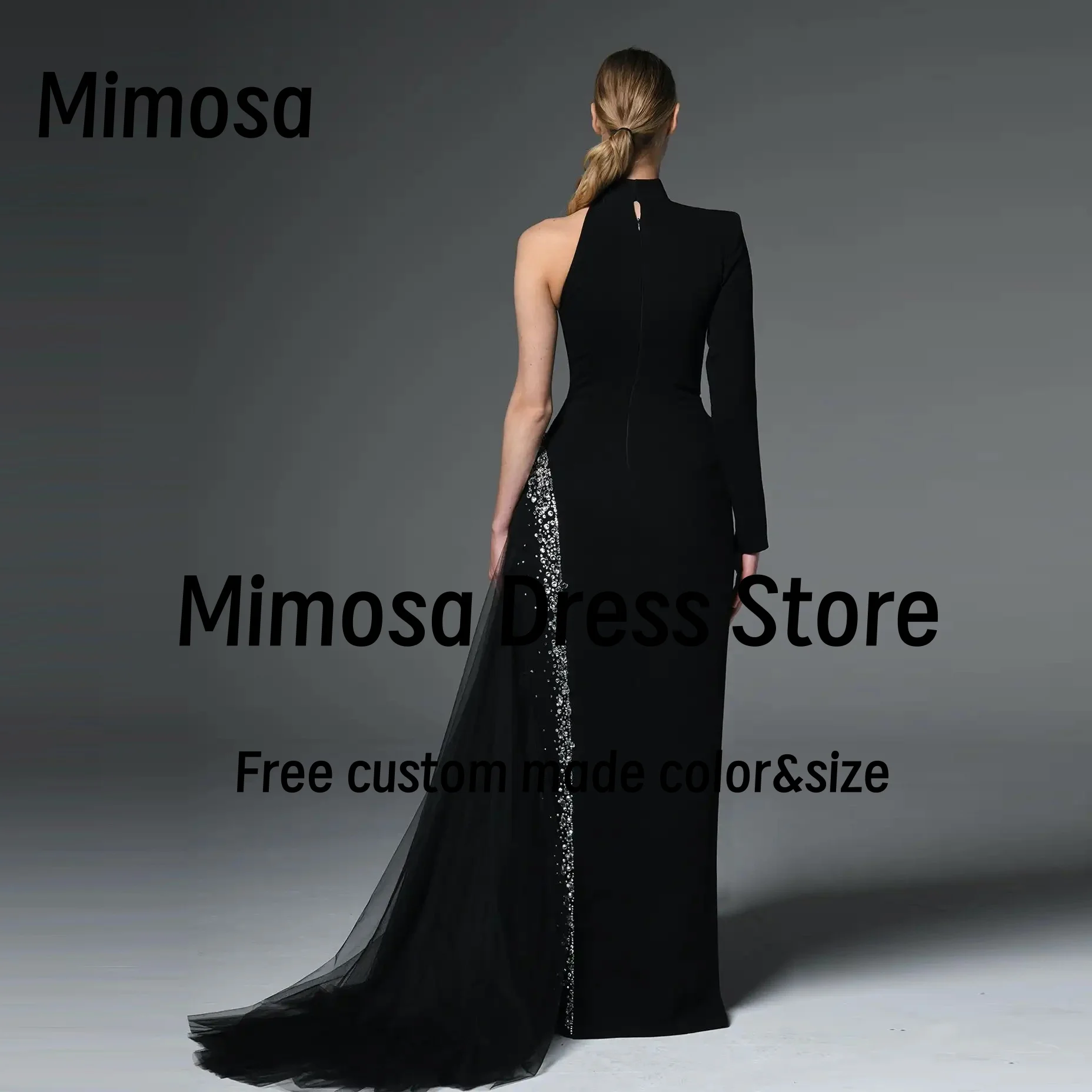 Mimosa Black High Collar Bespoke Party Dress Long Sleeve Prom Dresses Beaded Side Tulle Bride Wear Evening Gowns Customized