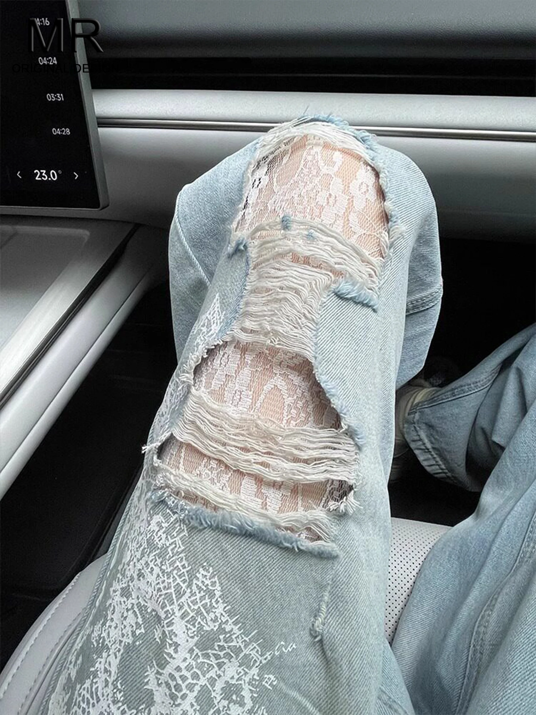 

Женские летние джинсы с высокой талией и широкими штанинами, модные свободные прямые джинсы из денима с кружевными вставками и дизайнерскими вырезами, повседневные джинсы с высокой талией