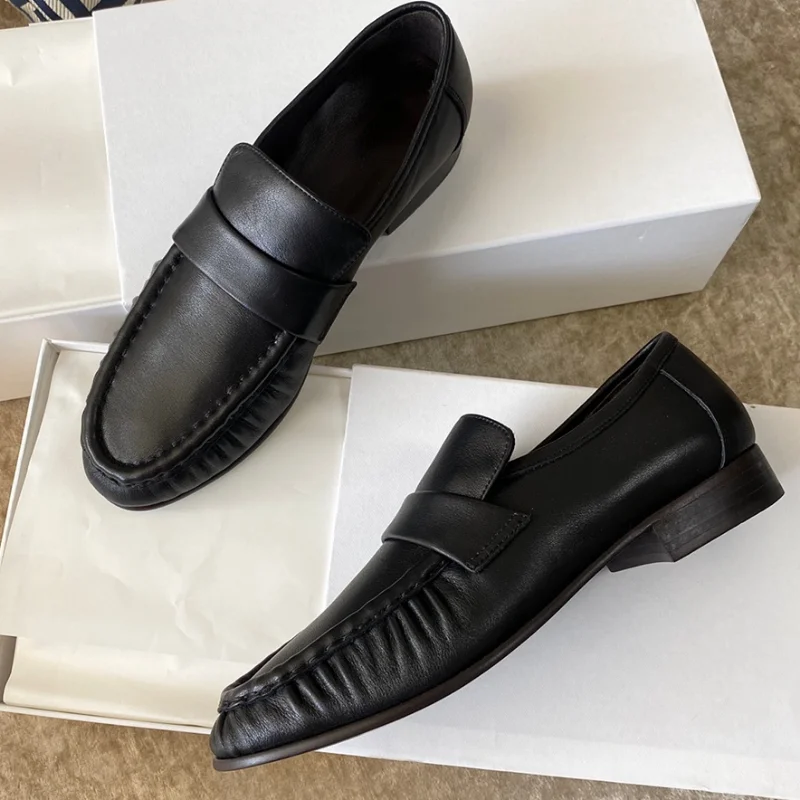 Imported Calfskin Super Invincible Soft Pleated Loafers Real Leather Women Shoes