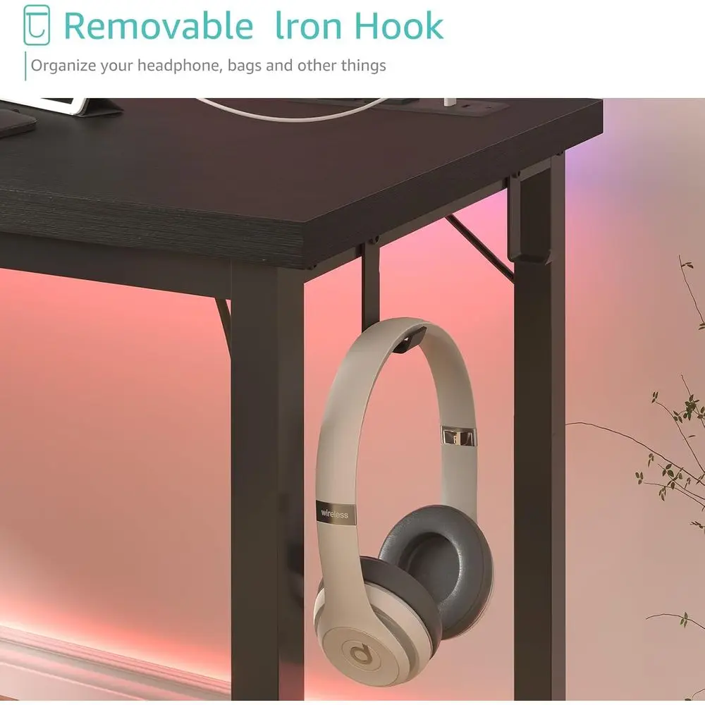 مكتب كمبيوتر أسود 39 40 قابل للتعديل مع مخرج طاقة مدمج ومحطة شحن للمراهقين والمكاتب المنزلية