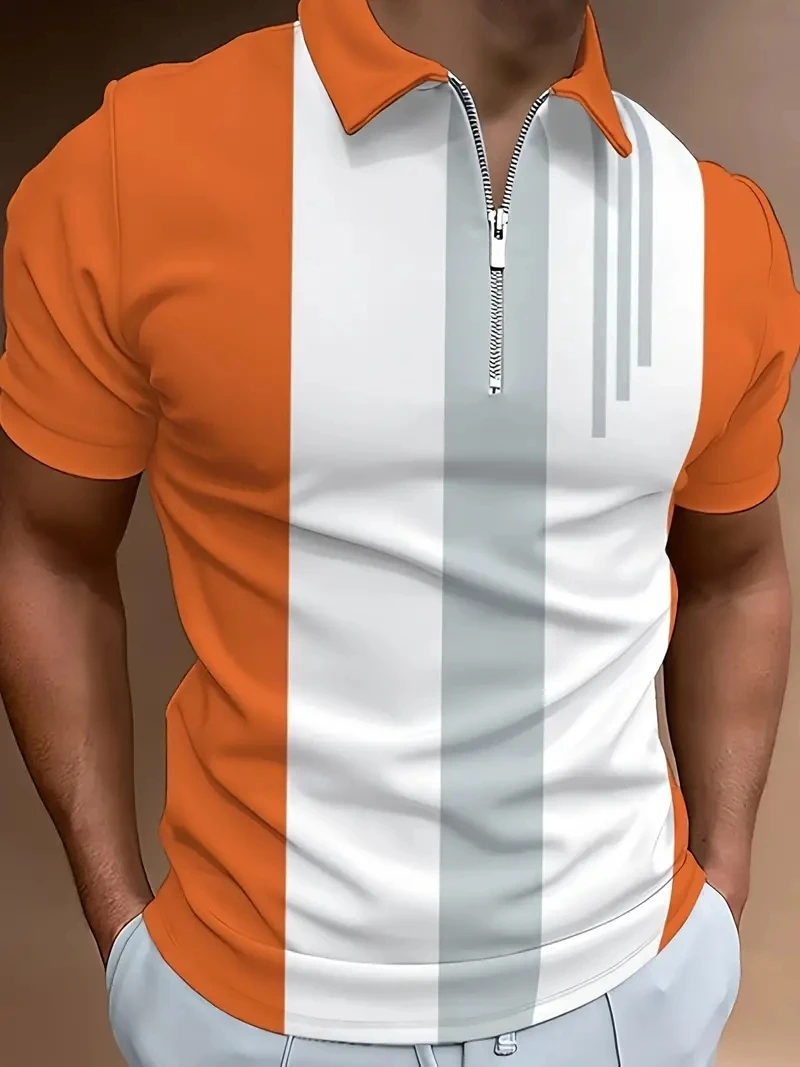 New Men\'s Zipper Polo Shirt Retro Orange and White 3D Printed Retro Men\'s Short Sleeve Plus Size Street Summer Zipper Polo Shirt