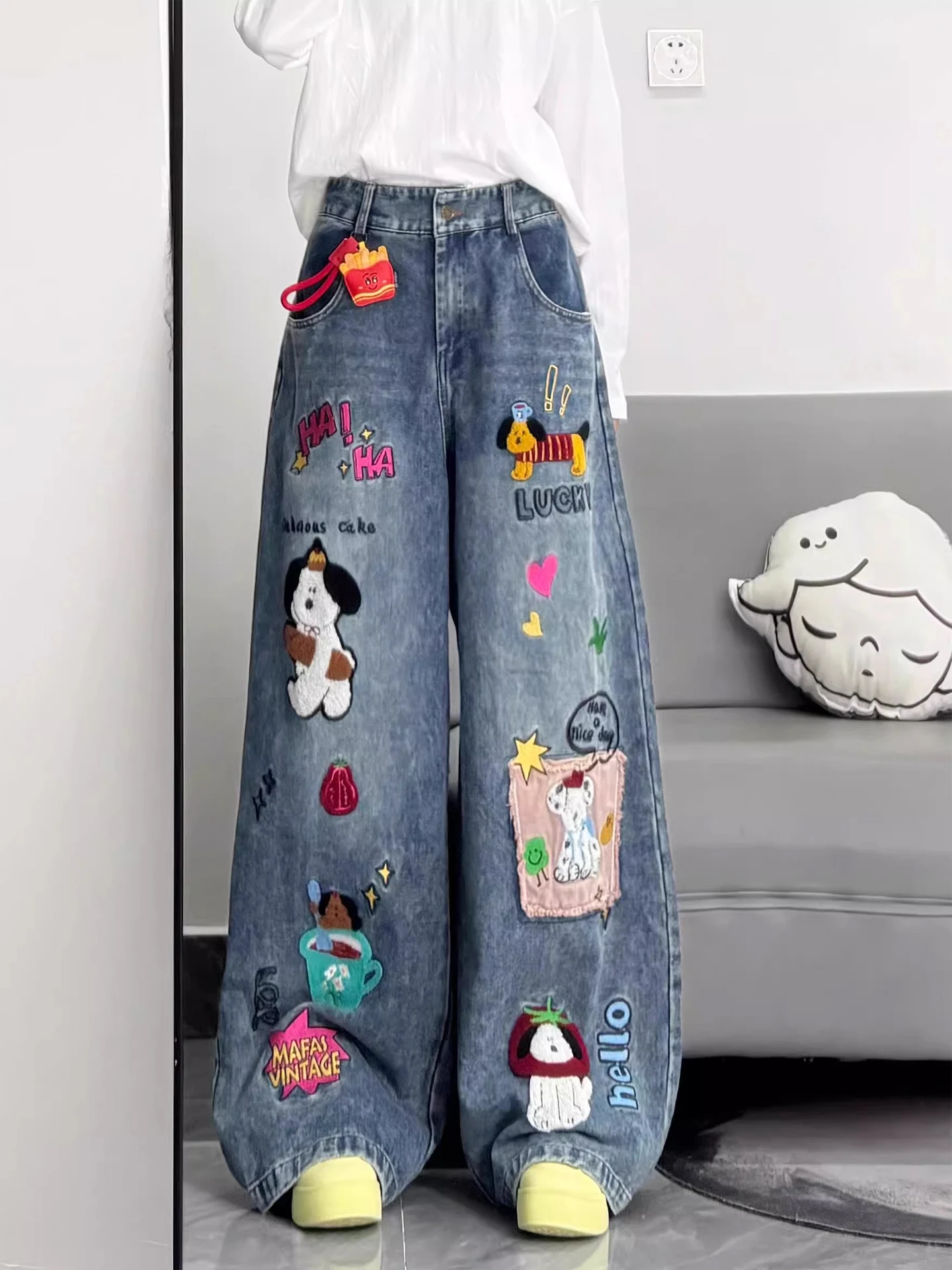 

American High Street Cartoon Patchwork Jeans Men Women Trendy Brand Embroidered Print Wide Leg Straight Leg Pants Long Trousers